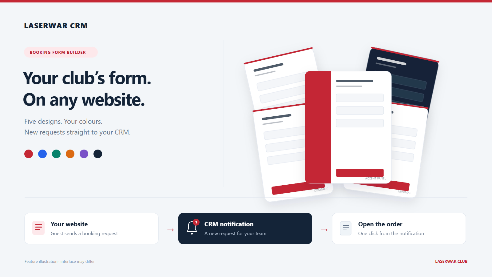 Your booking form on your website Five layouts, your colours and CRM notifications