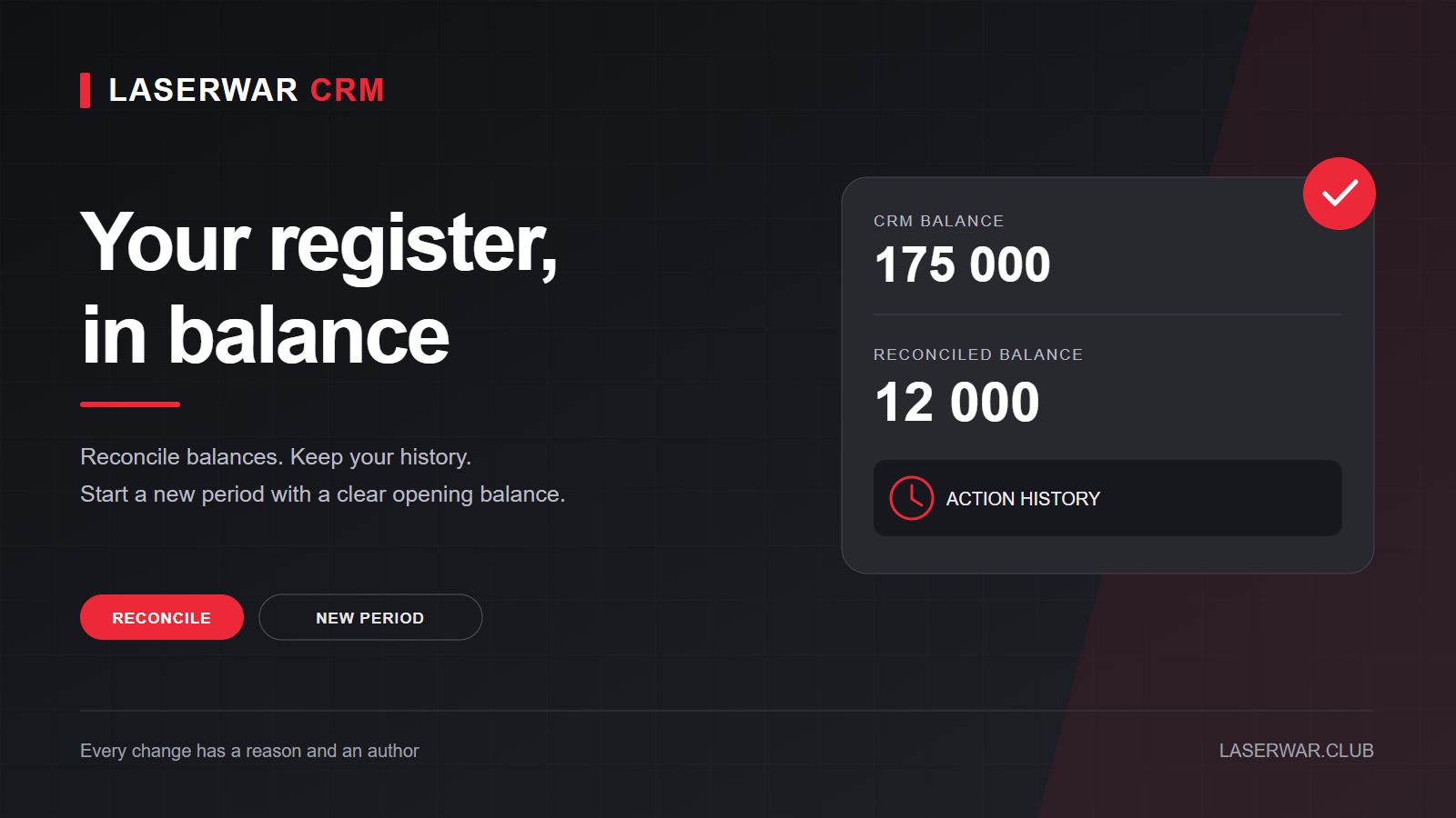 Reconcile your cash register, start a new period and keep an action history 
